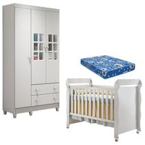 Berço Americano Mirelle e Guarda Roupa Mariah 3 Portas Branco Brilho com Colchão Carolina