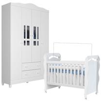Berço Americano New Nanda e Guarda Roupa Infantil Ariel 4 Portas Branco Brilho Carolina