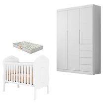 Berço Americano Realeza e Guarda Roupa Infantil Eloá Branco Acetinado com Colchão Gazin - Phoenix Baby