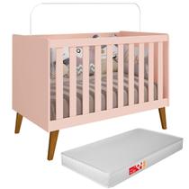 Berço Americano Retrô Com Colchão Impermeavel Pé Madeira Menino Menina Bebê Nenê Nenem Grade de Proteção Rosa Branco Offwithe Multifuncional