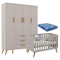 Berço Americano Retrô Gold e Guarda Roupa 4 Portas Retrô Cinza Soft Eco Wood com Colchão Ortobom Matic