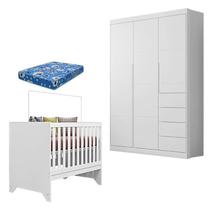 Berço Americano Retro Maya e Guarda Roupa Infantil Eloá Branco Acetinado com Colchão Ortobom Phoenix Baby