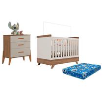 Berço Americano Retro Vitória e Cômoda Gaveteiro Infantil Emilly Off White Carvalho com Colchão Ortobom - Canaã