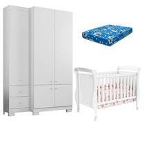 Berço Americano Smart e Guarda Roupa Infantil B22052 Branco Brilho com Colchão Ortobom - Araplac