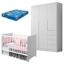 Berço Americano Tico e Guarda Roupa Infantil Eloá Branco Acetinado com Colchão Ortobom Phoenix Baby