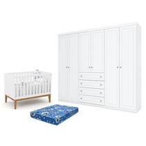 Berço Americano Unique Branco Soft Eco Wood - Matic e Guarda Roupa Casal Americano 6 Portas Branco HP e Colchão Ortobom - Henn