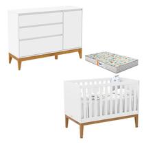 Berço Americano Unique e Cômoda com Porta Nature Clean Branco Soft Eco Wood com Colchão Gazin Matic