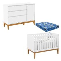 Berço Americano Unique E Cômoda Com Porta Nature Clean Branco Soft Eco Wood Com Colchão Ortobom Matic