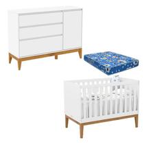 Berço Americano Unique e Cômoda com Porta Nature Clean Branco Soft Eco Wood com Colchão Ortobom Matic