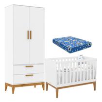 Berço Americano Unique e Guarda Roupa 2 Portas Nature Branco Soft Eco Wood e Colchão Ortobom Matic