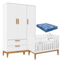 Berço Americano Unique e Guarda Roupa 3 Portas Nature Branco Soft Eco Wood e Colchão Ortobom Matic