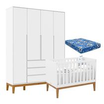Berço Americano Unique e Guarda Roupa 4 Portas Nature Clean Branco Soft Eco Wood e Colchão Ortobom Matic