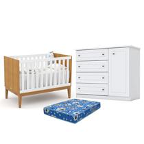 Berço Americano Unique Freijó Branco Soft Eco Wood - Matic e Cômoda Infantil Americano Branco HP e Colchão Ortobom - Henn Berço Americano Unique Freijó Branco Soft Eco Wood - Matic e Cômoda Infantil Americano Branco HP e Colchão Ortobom - Henn