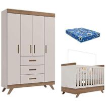 Berço Americano Vitória E Guarda Roupa Infantil Retrô Maya Off White Carvalho Com Colchão Ortobom - Carolina