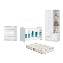 Berço Bala de Menta e Cômoda Labirinto e Guarda Roupa Labirinto Branco e Colchão - FdECOR