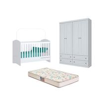 Berço Bala de Menta e Guarda Roupa Americano 4 Pts Branco e Colchão - FdECOR Berço Bala de Menta e Guarda Roupa Americano 4 Pts Branco e Colchão - FdECOR
