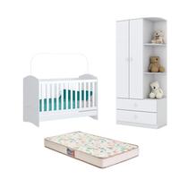 Berço Bala de Menta e Guarda Roupa Labirinto Branco e Colchão - FdECOR