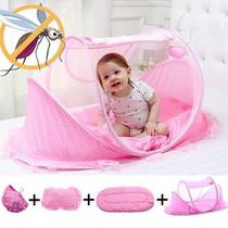 Berço Bebê Mini Portátil Com Mosquiteiro Tule Rosa