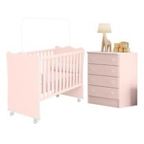 Berço com 4 Pés Rodizios e Cômoda Chile Rosa Acetinado