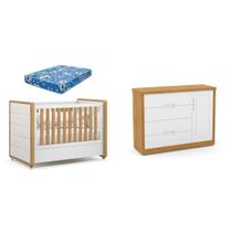 Berço com Capitonê e Cômoda e Colchão Tutto New 100% MDF Cor Branco e Freijó - Matic Móveis