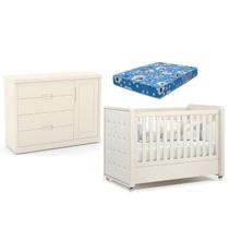 Berço com Capitonê e Cômoda e Colchão Tutto New 100% MDF Cor Off White - Matic Móveis