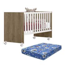 Berço Doce Sonho Reto Carvalho/Branco com Rodízios e Colchão Baby Physical - Qmovi