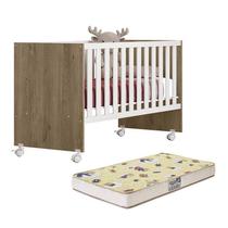 Berço Doce Sonho Reto Carvalho/Branco com Rodízios e Colchão Supreme - Qmovi