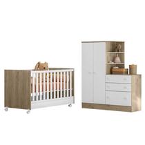 Berço e Guarda Roupa Cômoda Soninho Branco/Carvalho - FdECOR