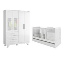 Berço e Guarda Roupa Infantil 4 portas Moveis Peroba Retro Vini MDF Branco