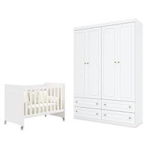 Berço e Guarda Roupa Infantil Americano Evolution 4 em 1 4 Portas 4 Gavetas Branco Móveis Henn