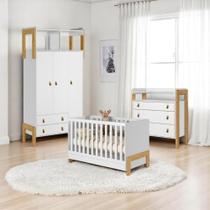 Berço Fantasia Branco Acetinado + Cômoda 3G c/Nicho + Guarda-Roupa 3P/2G c/Nicho Fantasia