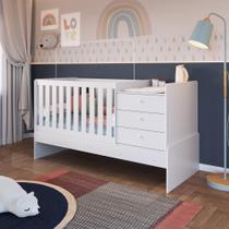 Berço Infantil Multifuncional Menino Menina 196cm com Cômoda, Trocador e Grade em MDF Branco