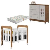 Berço Lila E Cômoda Mariah Branco Acetinado Amadeirado Com Colchão Gazin Carolina