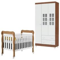 Berço Lila E Guarda Roupa Mariah 3 Portas Branco Acetinado Amadeirado - Carolina Berço Lila E Guarda Roupa Mariah 3 Portas Branco Acetinado Amadeirado - Carolina