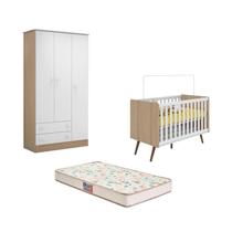 Berço Mini Cama Americano Retro com Colchão Gazin e Guarda Roupa Doce Sonho Carvalho/Branco - FdECOR