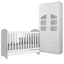 Berço Mini Cama Chuva de Amor 2x1 + Guarda Roupa Roupeiro Ludi Infantil MDF Branco