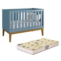 Berço Mini Cama Classic Azul Fosco com Pés Amadeirado e Colchão Supreme - Reller Móveis