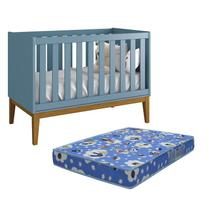 Berço Mini Cama Classic Azul Fosco Pés Amadeirado com Colchão D18 - Reller Móveis