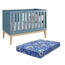 Berço Mini Cama Classic Azul Fosco Pés Madeira Natural com Colchão D18 - Reller Móveis