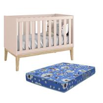 Berço Mini Cama Classic Rosa Fosco Pés Madeira Natural com Colchão D18 - Reller Móveis