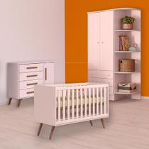 Berço Mini Cama Cômoda Sapateira Retrô e Guarda Roupa Rosa