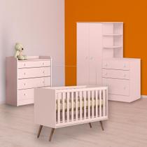 Berço Mini Cama Cômoda Trocador e Guarda Roupa Cômoda Rosa