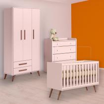 Berço Mini Cama Cômoda Trocador e Guarda Roupa Retro Rosa