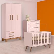 Berço Mini Cama Cômoda Trocador e Guarda Roupa Slim Rosa