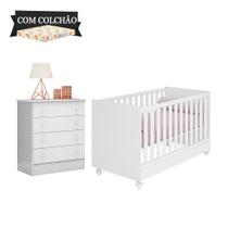 Berço Mini Cama E Cômoda Doce Sonho Branco Com Colchão E Rodízios Qmovi