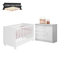 Berço Mini Cama E Cômoda Sapateira Doce Sonho Branco Com Colchão E Rodízios Qmovi