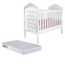 Berço Mini Cama Realeza Grade Fixa com 2 Captonês Branco Acetinado com Colchão - MÓVEIS CANAÃ