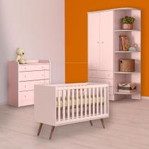 Berço Mini Cama Retrô, Cômoda Trocador e Guarda Roupa Rosa