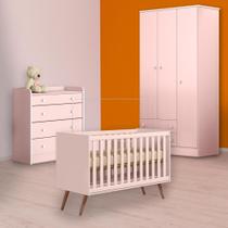 Berço Mini Cama Retrô, Cômoda Trocador e Guarda Roupa Rosa