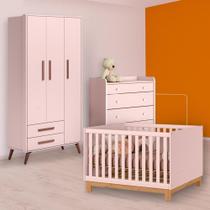 Berço Mini Cama Slim, Cômoda Trocador e Guarda Roupa Rosa